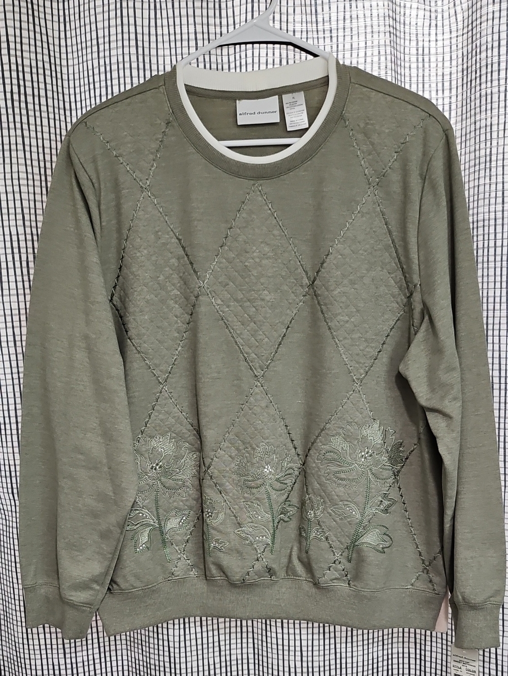 Alfred Dunner Olive Green Quilted Crewneck Sweater with Floral Embroidery XL NWT